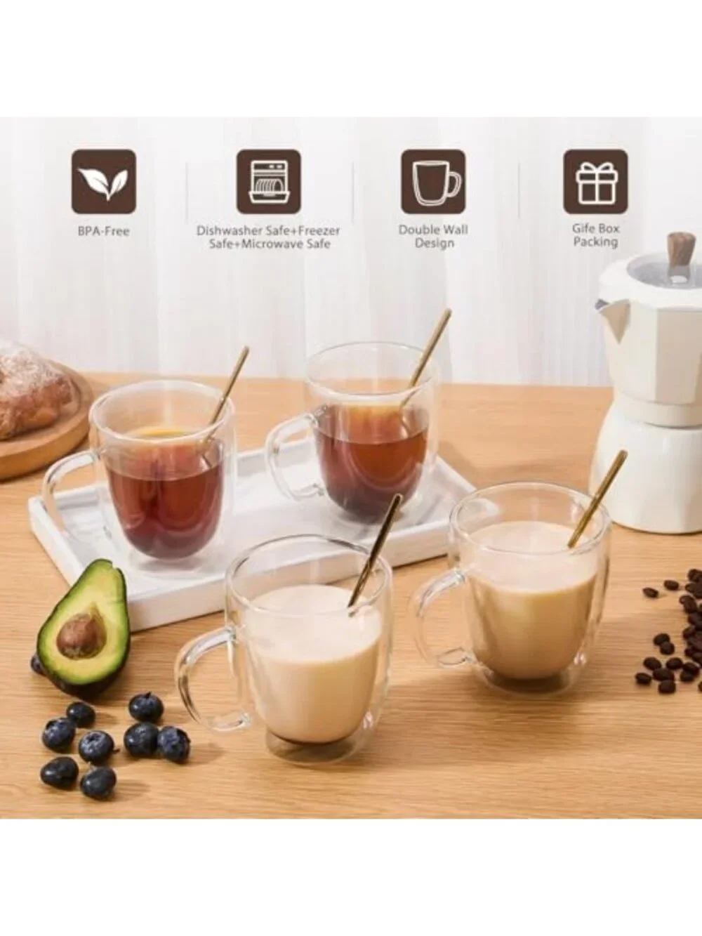 Set of 6 Insulated Double Wall Glass Coffee Mugs - Perfect for Latte, Cappuccino
